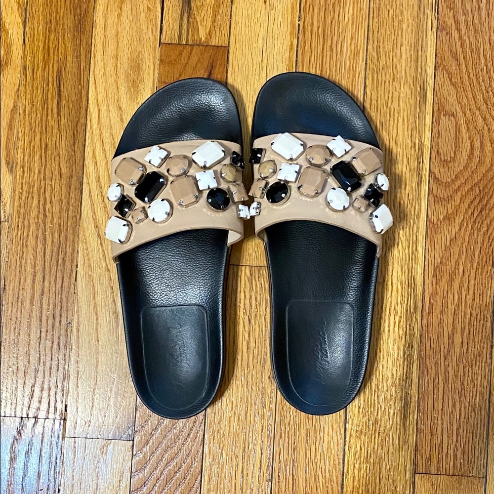 Loeffler Randall black cat jeweled leather slides